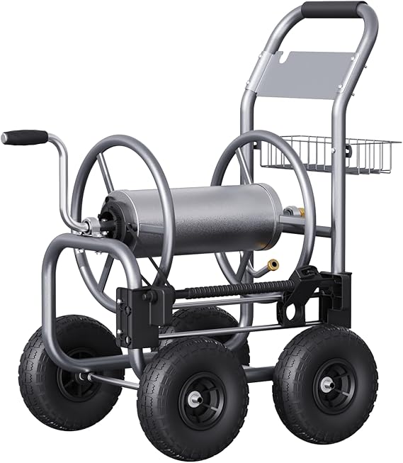 Giraffe Tools Hose Reel Cart, Hose Cart with Wheels Heavy Duty, Industrial Hose Reels for Outside, 250-Feet of 5/8" Hose Capacity, Hose Guide Pre-Installed, Grey