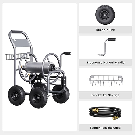 Giraffe Tools Hose Reel Cart, Hose Cart with Wheels Heavy Duty, Industrial Hose Reels for Outside, 250-Feet of 5/8" Hose Capacity, Hose Guide Pre-Installed, Grey