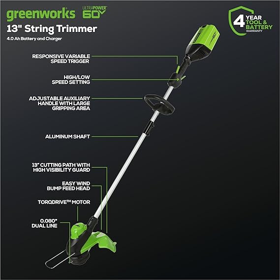 Greenworks 60V 13" Cordless String Trimmer & Leaf Blower Combo Kit, 4.0 Ah Battery and Charger Included